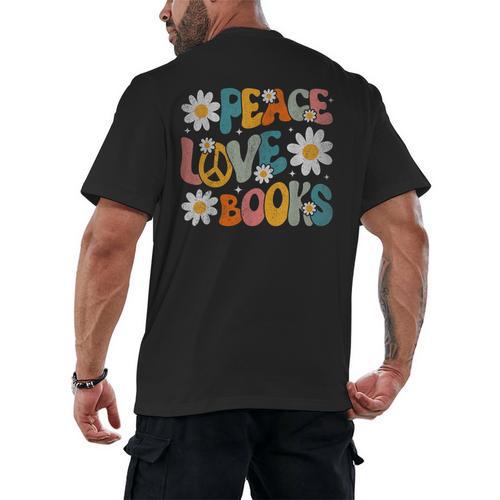 Peace Love Books Bookworm Librarian Reading Teacher Groovy Men's Back Print T-Shirt - teacherstshirts.com AU