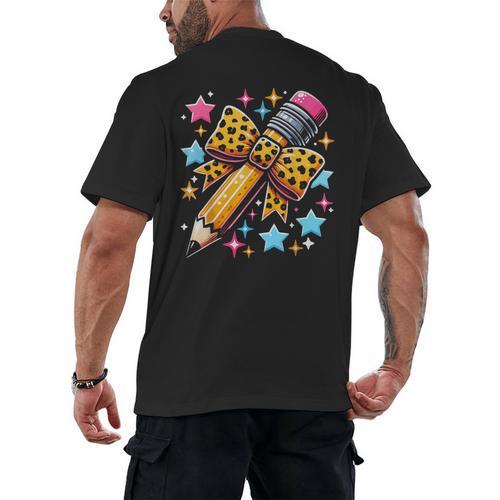 Pencil Leopard Coquette Bow Teacher Life Back To School Men's Back Print T-Shirt - teacherstshirts.com