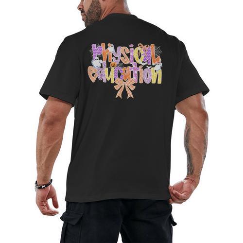 Physical Education Halloween Bow Checkered Teacher Ghost PE Men's Back Print T-Shirt - teacherstshirts.com