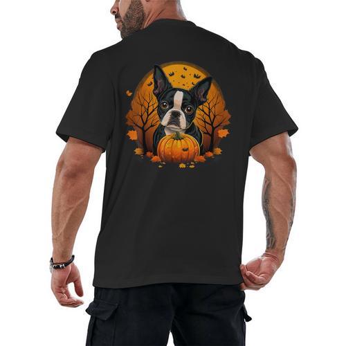 Pumpkin Boston Terrier Costume On Boston Terrier Halloween Men's Back Print T-Shirt - Bostonterriersmerch.com AU