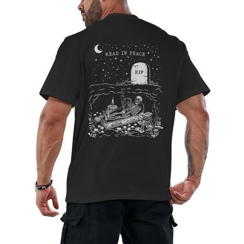 Read In Peace Skeleton Halloween Book Reading Spooky Teacher Men's Back Print T-Shirt - teacherstshirts.com