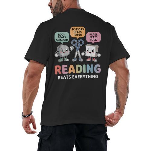 Reading Beats Everything Teacher Rock Paper Scissors Men's Back Print T-Shirt - teacherstshirts.com UK