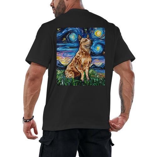Red Heeler Starry Night Cattle Dog Colorful Art By Aja For Men Women Girls Kids Men's Back Print T-Shirt - Bostonterriersmerch.com CA