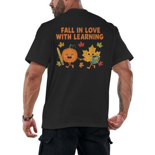 Retro Fall In Love With Learning Autumn Pumpkin Teacher Men's Back Print T-Shirt - teacherstshirts.com DE