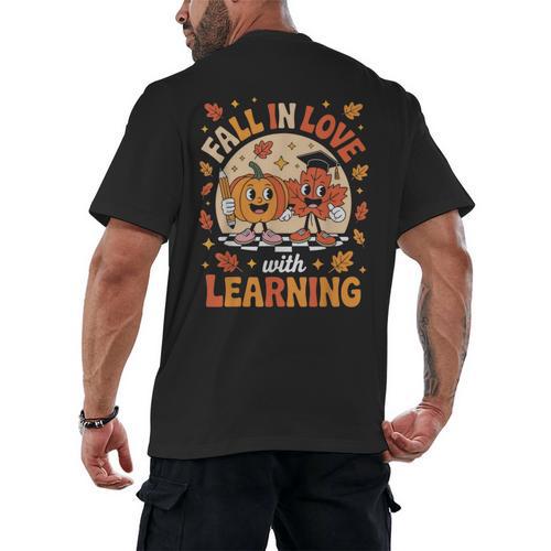 Retro Fall In Love With Learning Pumpkin Leaf Teacher Autumn Men's Back Print T-Shirt - teacherstshirts.com DE