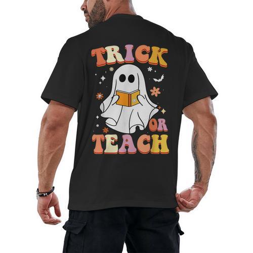 Retro Vintage Groovy Trick Or Teach Teacher Halloween For Men Women Kids Men's Back Print T-Shirt - teacherstshirts.com