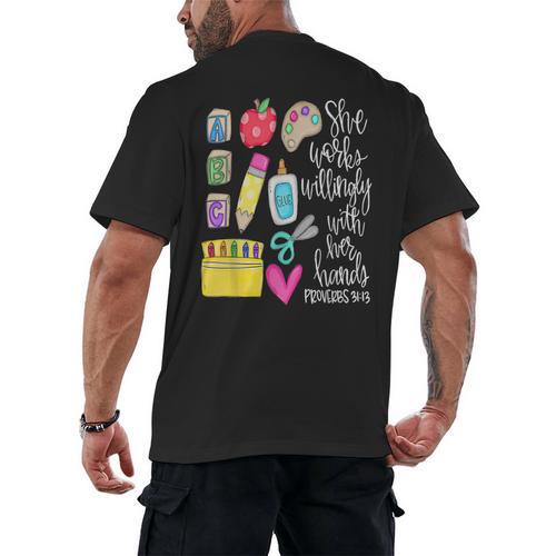 She Works Willingly With Her Hands Proverbs Daycare Teacher Men Women Men's Back Print T-Shirt - teacherstshirts.com