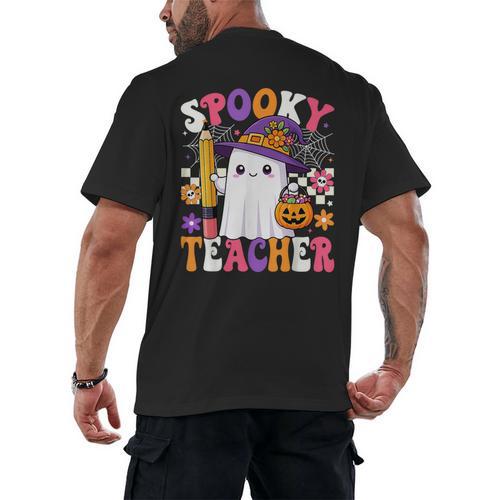 Spooky Teacher Ghost Pencil Teach Halloween Teacher Men's Back Print T-Shirt - teacherstshirts.com CA