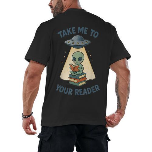 Teacher Alien Books UFO Reading Take Me To Your Reader Men's Back Print T-Shirt - teacherstshirts.com