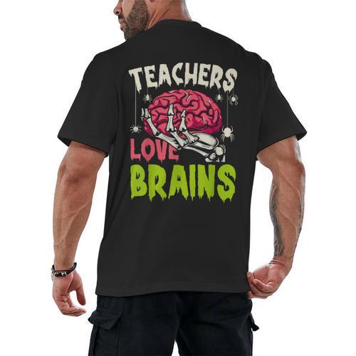 Teachers Love Brains Skeleton Halloween Teacher Funny Men's Back Print T-Shirt - teacherstshirts.com CA