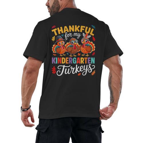 Thankful For My Kindergarten Turkeys Thanksgiving Teacher Men's Back Print T-Shirt - teacherstshirts.com DE