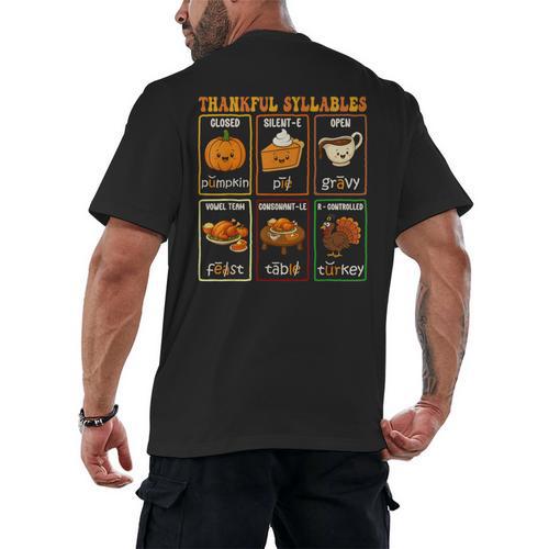 Thankful Syllables Thanksgiving Phonics Reading Teacher Fall Men's Back Print T-Shirt - teacherstshirts.com UK
