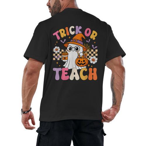 Trick Or Teach Cute Ghost Coffee Pumpkins Halloween Teacher Men's Back Print T-Shirt - teacherstshirts.com AU
