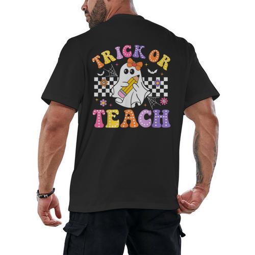 Trick Or Teach Groovy Halloween Teachers Men's Back Print T-Shirt - teacherstshirts.com DE