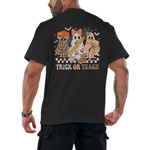 Trick Or Teach Groovy Teacher Halloween Floral Ghost Men's Back Print T-Shirt - teacherstshirts.com CA