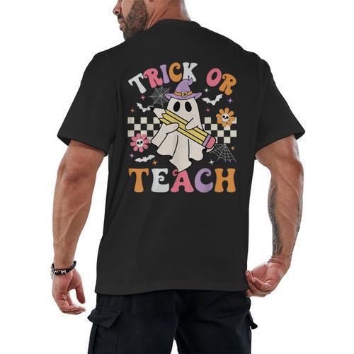 Trick Or Teach Groovy Teacher Halloween Retro Teacher Ghost Men's Back Print T-Shirt - teacherstshirts.com CA