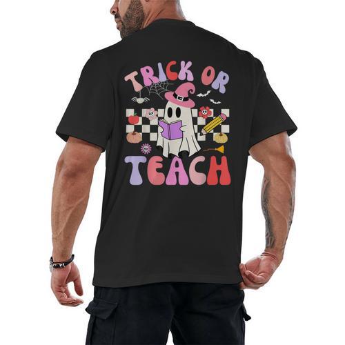Trick Or Teach Halloween Teacher Floral Ghost Groovy Men's Back Print T-Shirt - teacherstshirts.com