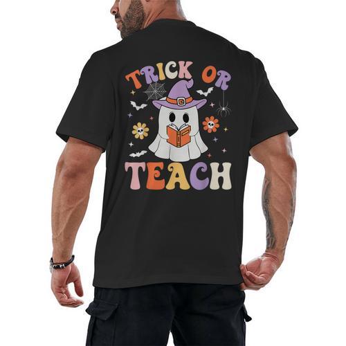 Trick Or Teach Teacher Groovy Ghost Halloween Teacher Men's Back Print T-Shirt - teacherstshirts.com CA