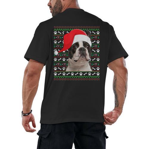 Ugly Xmas Sweater Santa Boston Terrier Dog Christmas For Men Women Kids Men's Back Print T-Shirt - Bostonterriersmerch.com