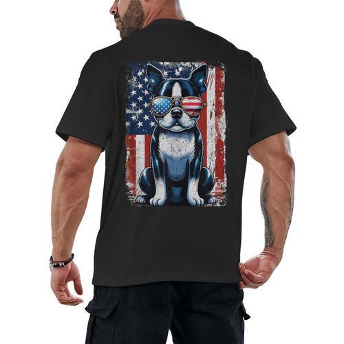 Vintage Boston Terrier Dog American USA US Flag Pets Lovers Men's Back Print T-Shirt - Bostonterriersmerch.com