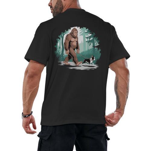 Whimsical Forest Adventures Sasquatch Bigfoot Walking Boston Terrier Dog Lovers Men's Back Print T-Shirt - Bostonterriersmerch.com