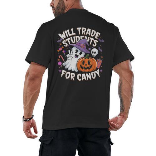 Will Trade Students For Candy Halloween Teacher Men's Back Print T-Shirt - teacherstshirts.com CA