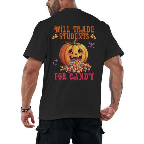 Will Trade Students For Candy Teacher Cute Halloween Pumpkin Men's Back Print T-Shirt - teacherstshirts.com CA