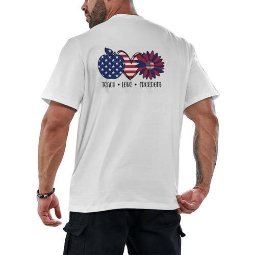 American Flag Teach Love Freedom Preschool Teacher 4th July Men's Back Print T-Shirt - teacherstshirts.com AU
