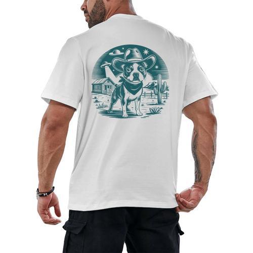 Boston Terrier Cowboy UFO Shirt Vintage Western Dog Mom Tee Men's Back Print T-Shirt - Bostonterriersmerch.com