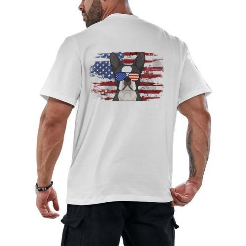 Boston Terrier Dad American Flag 4th Of July Dog Fathers Day Men's Back Print T-Shirt - Bostonterriersmerch.com
