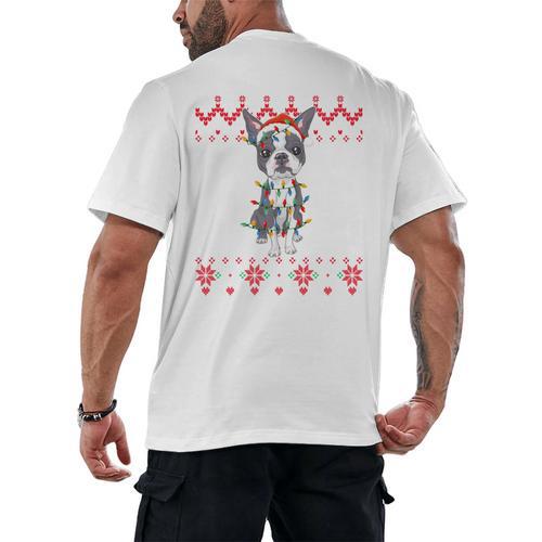 Boston Terrier Dog Santa Hat Men Kids Ugly Christmas Light Men's Back Print T-Shirt - Bostonterriersmerch.com
