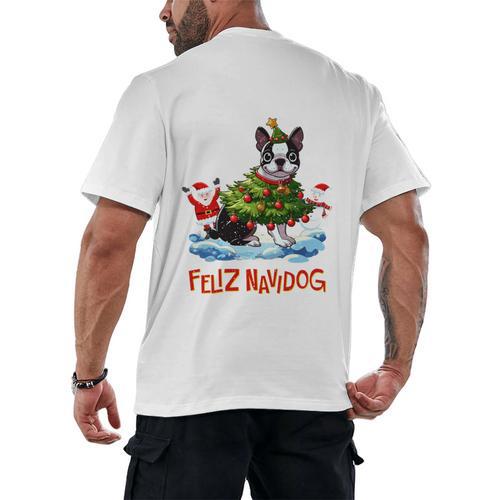 Boston Terrier Merry Christmas Tree Lights Dog X-Mas Dogs Men's Back Print T-Shirt - Bostonterriersmerch.com
