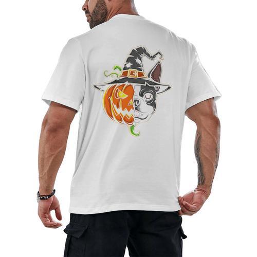 Boston Terrier Pumpkin Jack O Lantern Halloween Men's Back Print T-Shirt - Bostonterriersmerch.com AU