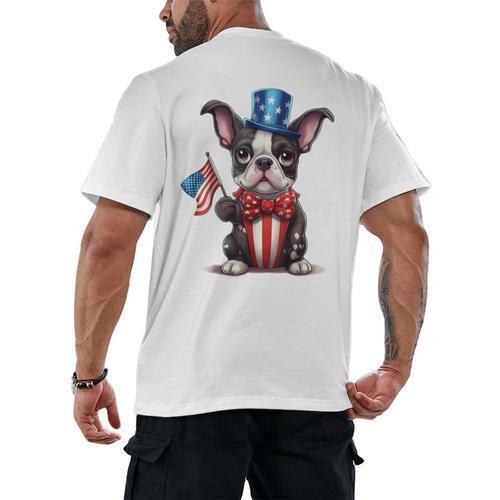 Boston Terrier Puppy Dog Holds His American Flag 4th Of July Men's Back Print T-Shirt - Bostonterriersmerch.com