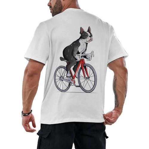 Boston Terrier Riding Bicycle Cute Bostie Biker Raglan Baseball Tee Men's Back Print T-Shirt - Bostonterriersmerch.com