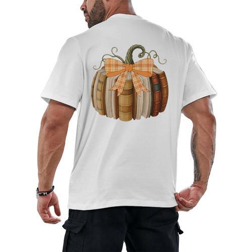 Fall Book Pumpkin Halloween Teacher Librarian Thanksgiving Men's Back Print T-Shirt - teacherstshirts.com AU