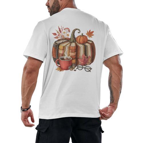 Fall Book Pumpkin Retro Reading Halloween Teacher Men's Back Print T-Shirt - teacherstshirts.com CA