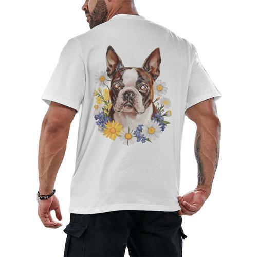 Floral Boston Terrier Men's Back Print T-Shirt - Bostonterriersmerch.com