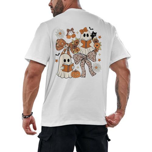 Ghost Reading Books Halloween Bow Spooky Teacher Student Men's Back Print T-Shirt - teacherstshirts.com DE
