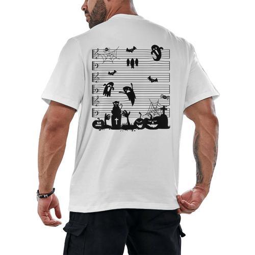 Halloween Music Note Clefs Spooky Ghost For Music Teacher Men's Back Print T-Shirt - teacherstshirts.com AU