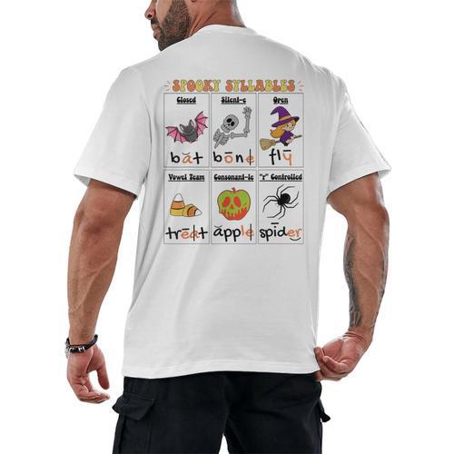 Halloween Reading Spooky Syllables Teacher Vintage Men's Back Print T-Shirt - teacherstshirts.com