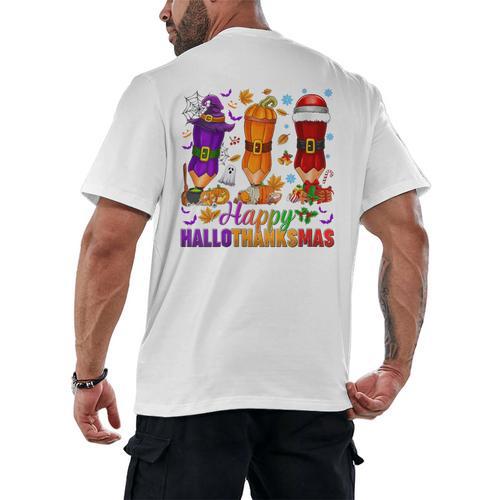 Happy Hallothanksmas Halloween Thanksgiving Pencils Teachers Men's Back Print T-Shirt - teacherstshirts.com DE