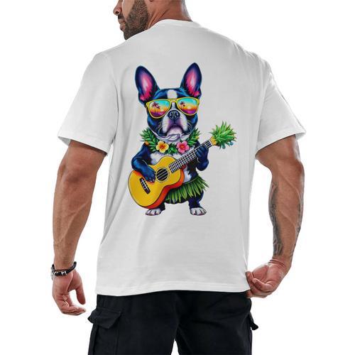 Hawaiian Boston Terrier & Pineapple Ukulele Summer Vacation Men's Back Print T-Shirt - Bostonterriersmerch.com CA