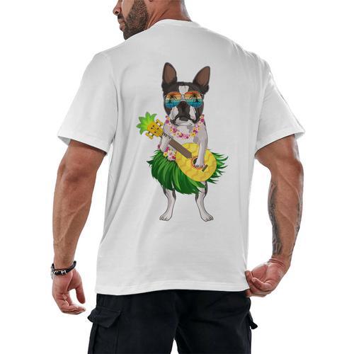 Hawaiian Boston Terrier Dog Pineapple Ukulele Summer For Men Women Girls Kids Men's Back Print T-Shirt - Bostonterriersmerch.com