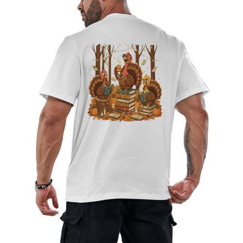 Librarian Turkey Reading Book Fall Thanksgiving Teacher Book Men's Back Print T-Shirt - teacherstshirts.com AU