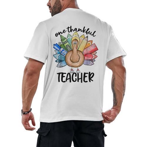One Thankful Teacher Turkey Pencil Thanksgiving Teachers Men's Back Print T-Shirt - teacherstshirts.com CA