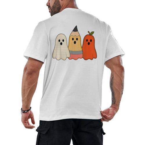 Retro Pencil Ghost Boo Spooky Teacher Halloween Costume Men's Back Print T-Shirt - teacherstshirts.com DE