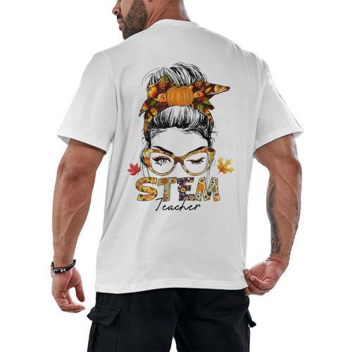 STEM Teacher Messy Bun Fall Vibes Autumn Thanksgiving Men Women Men's Back Print T-Shirt - teacherstshirts.com DE