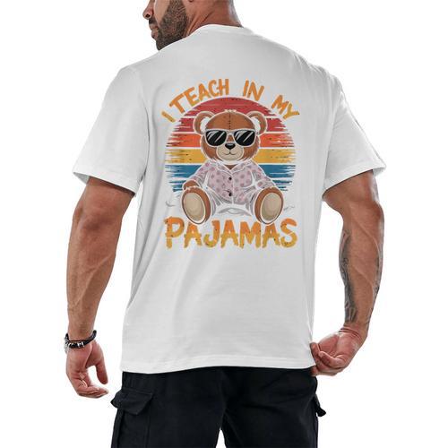 I Teach In My Pajamas Teacher Sunset Bear Retro Men's Back Print T-Shirt - teacherstshirts.com UK