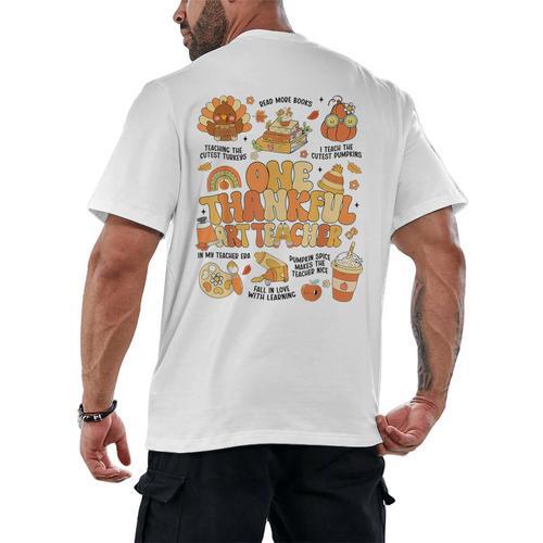 Thanksgiving One Thankful Art Teacher Fall Groovy Men Women Men's Back Print T-Shirt - teacherstshirts.com